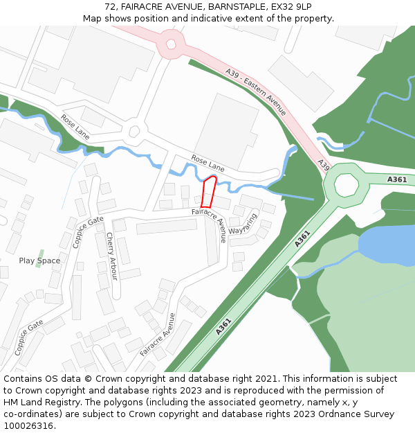 72, FAIRACRE AVENUE, BARNSTAPLE, EX32 9LP: Location map and indicative extent of plot