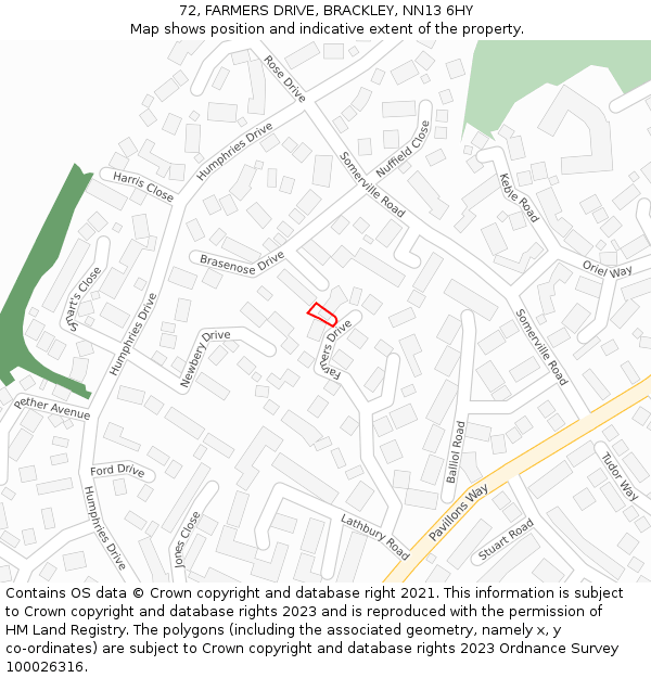 72, FARMERS DRIVE, BRACKLEY, NN13 6HY: Location map and indicative extent of plot