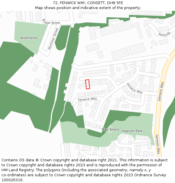 72, FENWICK WAY, CONSETT, DH8 5FE: Location map and indicative extent of plot
