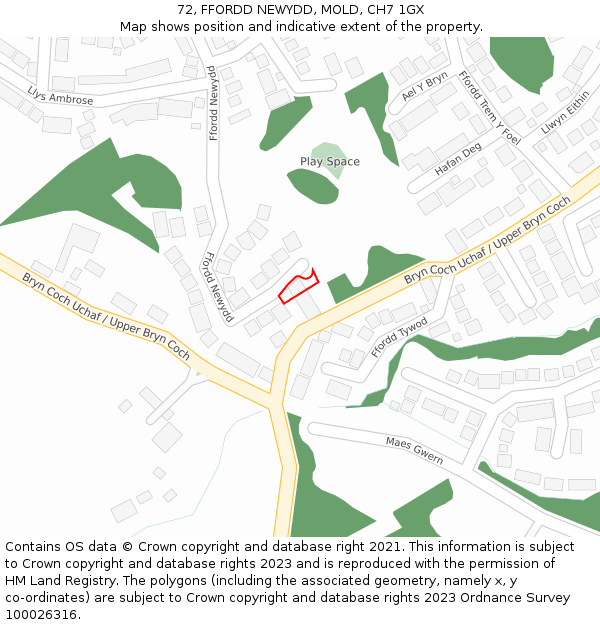 72, FFORDD NEWYDD, MOLD, CH7 1GX: Location map and indicative extent of plot