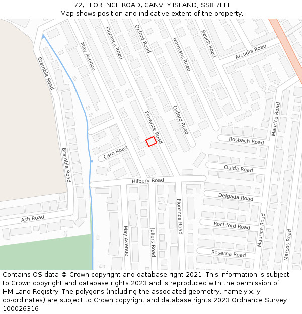 72, FLORENCE ROAD, CANVEY ISLAND, SS8 7EH: Location map and indicative extent of plot