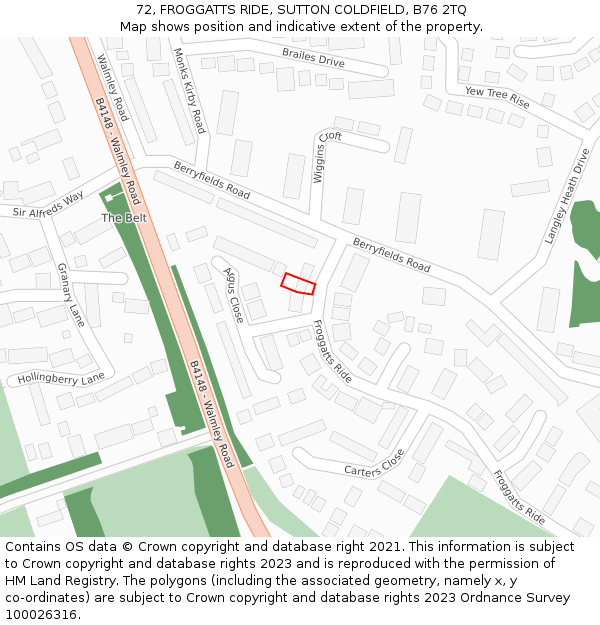 72, FROGGATTS RIDE, SUTTON COLDFIELD, B76 2TQ: Location map and indicative extent of plot