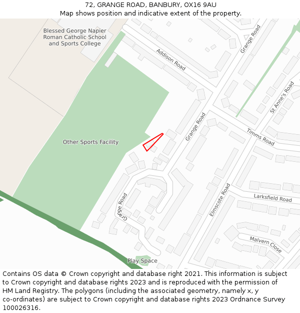 72, GRANGE ROAD, BANBURY, OX16 9AU: Location map and indicative extent of plot