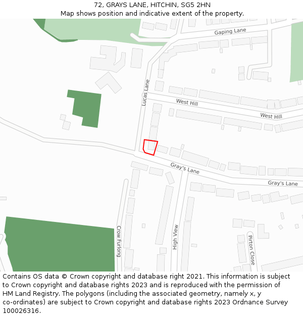 72, GRAYS LANE, HITCHIN, SG5 2HN: Location map and indicative extent of plot