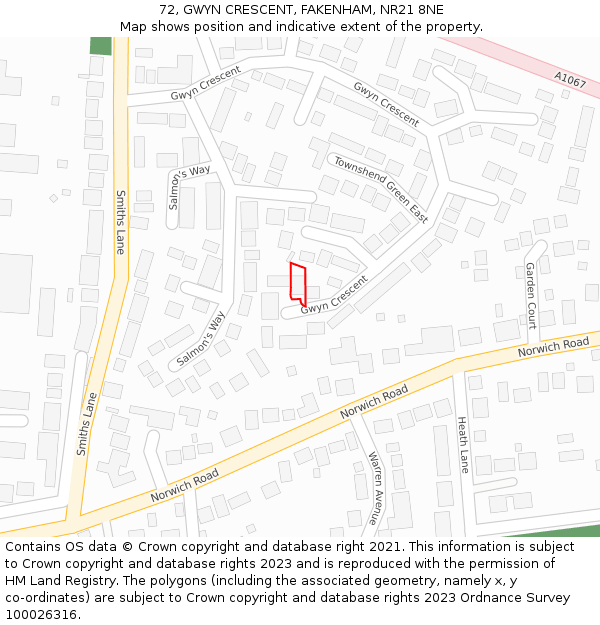72, GWYN CRESCENT, FAKENHAM, NR21 8NE: Location map and indicative extent of plot