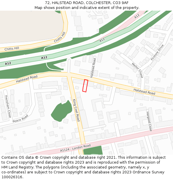 72, HALSTEAD ROAD, COLCHESTER, CO3 9AF: Location map and indicative extent of plot
