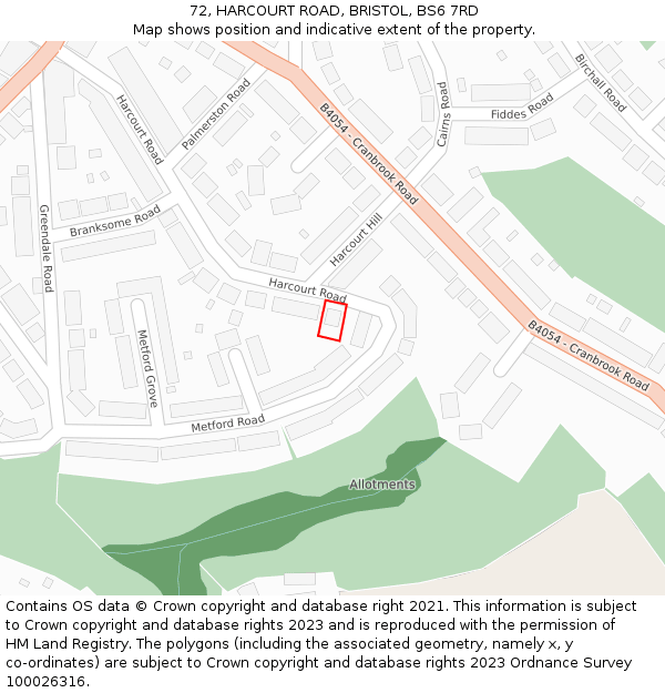 72, HARCOURT ROAD, BRISTOL, BS6 7RD: Location map and indicative extent of plot