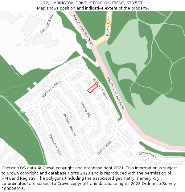 72, HARINGTON DRIVE, STOKE-ON-TRENT, ST3 5ST: Location map and indicative extent of plot