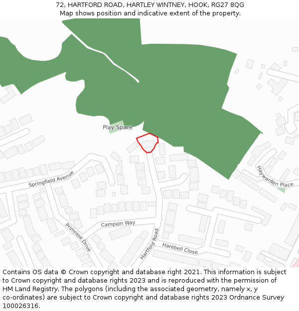 72, HARTFORD ROAD, HARTLEY WINTNEY, HOOK, RG27 8QG: Location map and indicative extent of plot