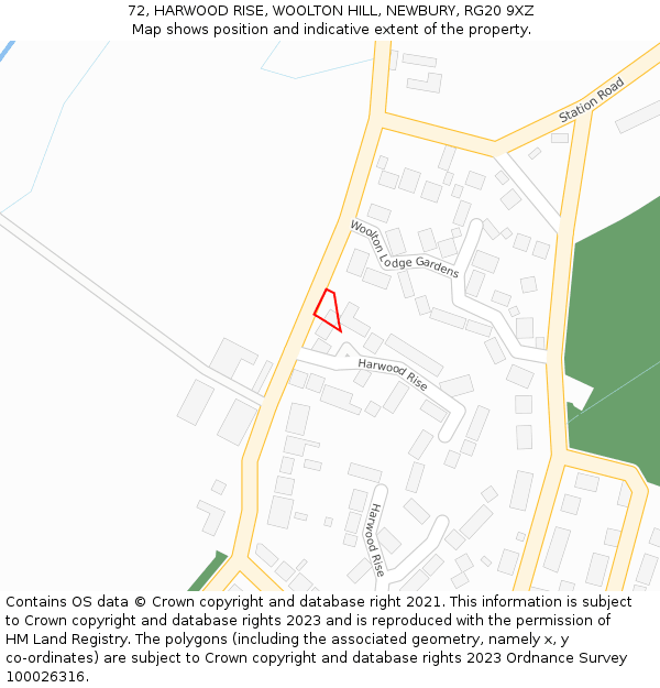 72, HARWOOD RISE, WOOLTON HILL, NEWBURY, RG20 9XZ: Location map and indicative extent of plot