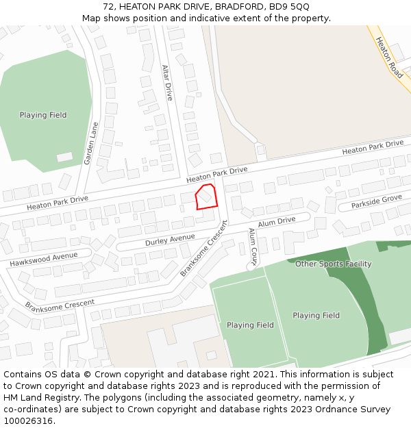 72, HEATON PARK DRIVE, BRADFORD, BD9 5QQ: Location map and indicative extent of plot