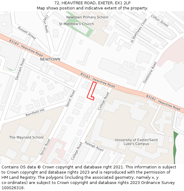 72, HEAVITREE ROAD, EXETER, EX1 2LP: Location map and indicative extent of plot