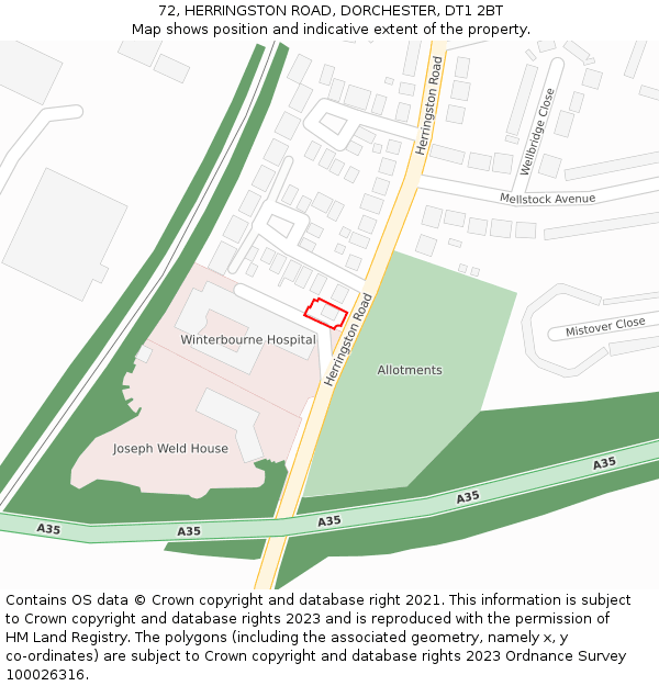 72, HERRINGSTON ROAD, DORCHESTER, DT1 2BT: Location map and indicative extent of plot