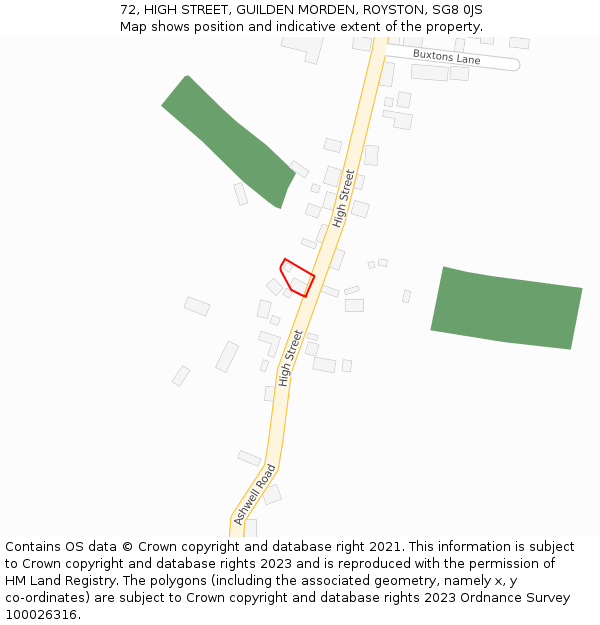 72, HIGH STREET, GUILDEN MORDEN, ROYSTON, SG8 0JS: Location map and indicative extent of plot