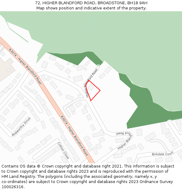 72, HIGHER BLANDFORD ROAD, BROADSTONE, BH18 9AH: Location map and indicative extent of plot