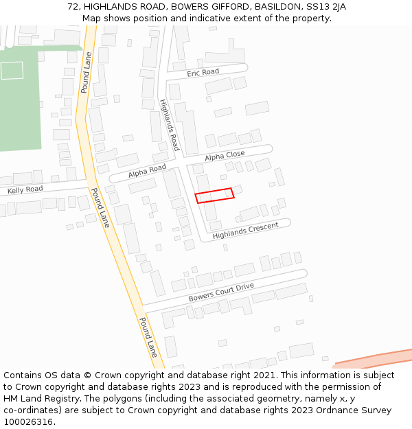 72, HIGHLANDS ROAD, BOWERS GIFFORD, BASILDON, SS13 2JA: Location map and indicative extent of plot