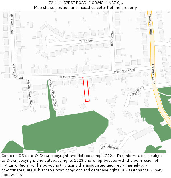 72, HILLCREST ROAD, NORWICH, NR7 0JU: Location map and indicative extent of plot