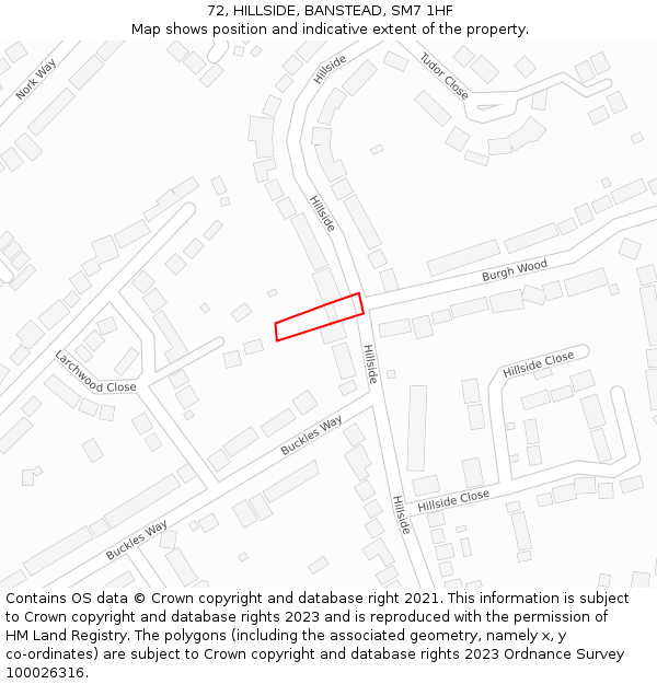 72, HILLSIDE, BANSTEAD, SM7 1HF: Location map and indicative extent of plot