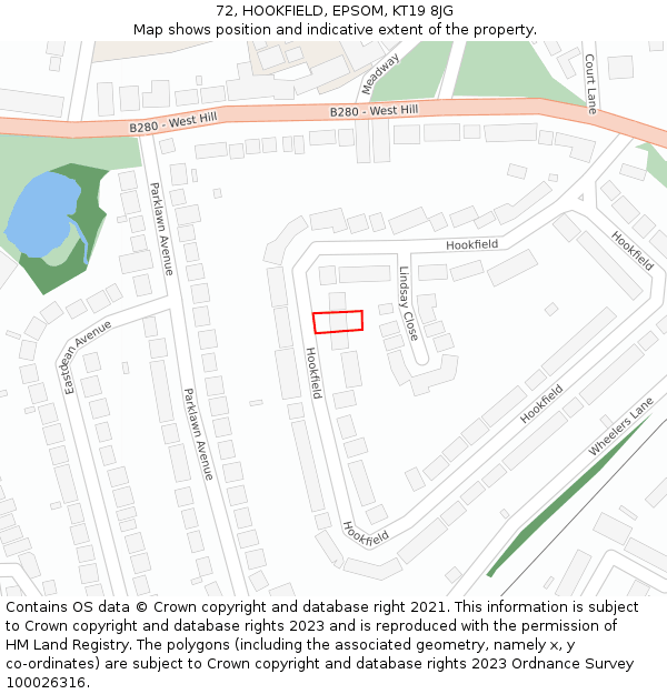 72, HOOKFIELD, EPSOM, KT19 8JG: Location map and indicative extent of plot