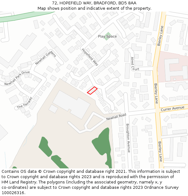 72, HOPEFIELD WAY, BRADFORD, BD5 8AA: Location map and indicative extent of plot