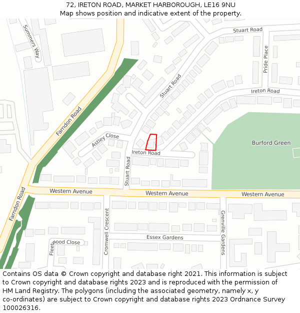 72, IRETON ROAD, MARKET HARBOROUGH, LE16 9NU: Location map and indicative extent of plot