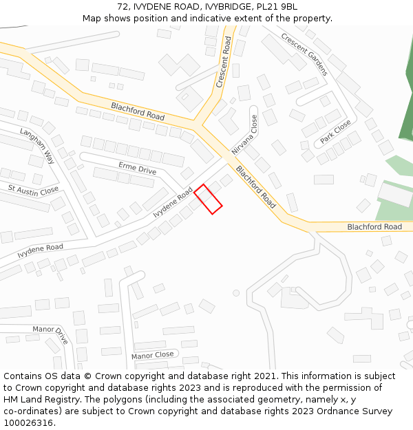 72, IVYDENE ROAD, IVYBRIDGE, PL21 9BL: Location map and indicative extent of plot
