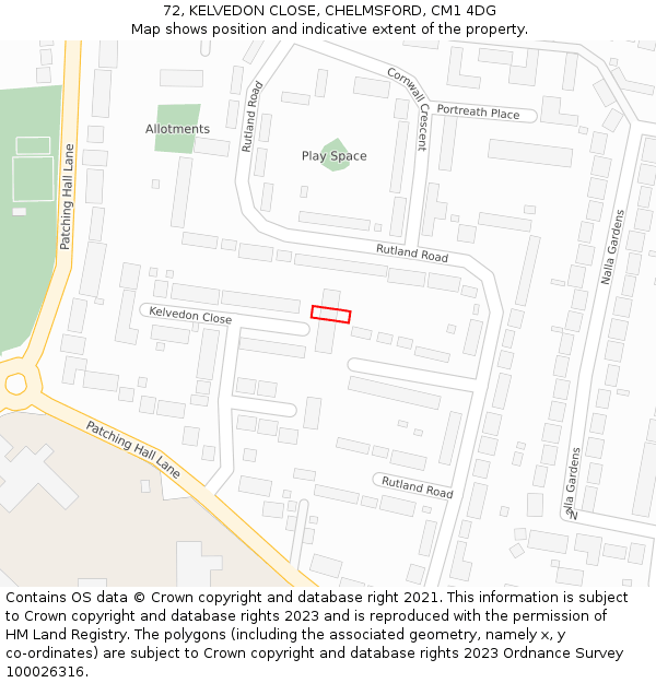 72, KELVEDON CLOSE, CHELMSFORD, CM1 4DG: Location map and indicative extent of plot