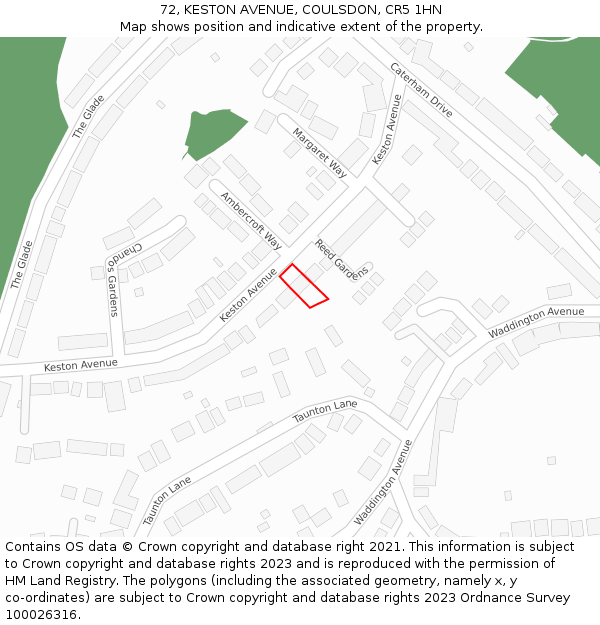 72, KESTON AVENUE, COULSDON, CR5 1HN: Location map and indicative extent of plot