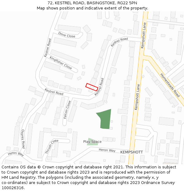 72, KESTREL ROAD, BASINGSTOKE, RG22 5PN: Location map and indicative extent of plot