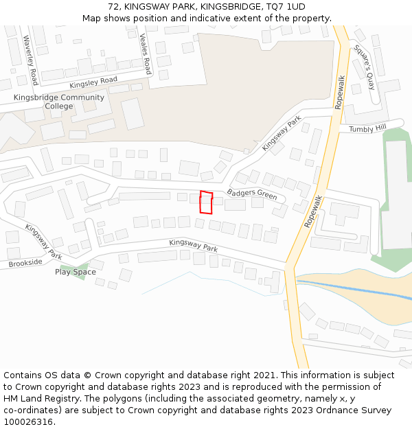 72, KINGSWAY PARK, KINGSBRIDGE, TQ7 1UD: Location map and indicative extent of plot