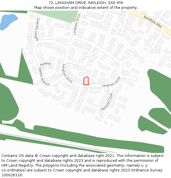72, LANGHAM DRIVE, RAYLEIGH, SS6 9TA: Location map and indicative extent of plot