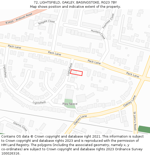 72, LIGHTSFIELD, OAKLEY, BASINGSTOKE, RG23 7BY: Location map and indicative extent of plot