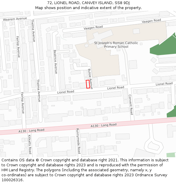 72, LIONEL ROAD, CANVEY ISLAND, SS8 9DJ: Location map and indicative extent of plot