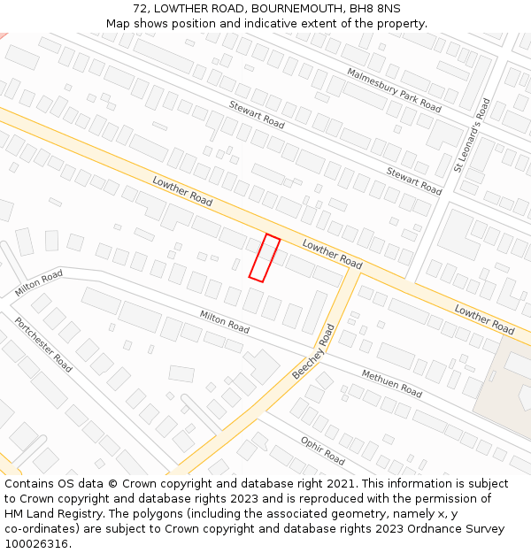 72, LOWTHER ROAD, BOURNEMOUTH, BH8 8NS: Location map and indicative extent of plot