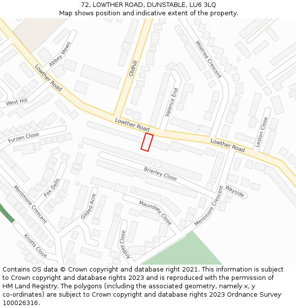 72, LOWTHER ROAD, DUNSTABLE, LU6 3LQ: Location map and indicative extent of plot