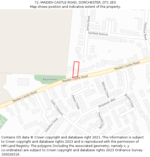72, MAIDEN CASTLE ROAD, DORCHESTER, DT1 2ES: Location map and indicative extent of plot
