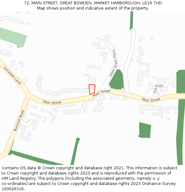 72, MAIN STREET, GREAT BOWDEN, MARKET HARBOROUGH, LE16 7HD: Location map and indicative extent of plot