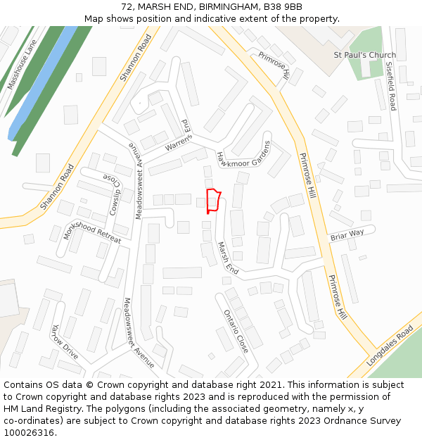 72, MARSH END, BIRMINGHAM, B38 9BB: Location map and indicative extent of plot