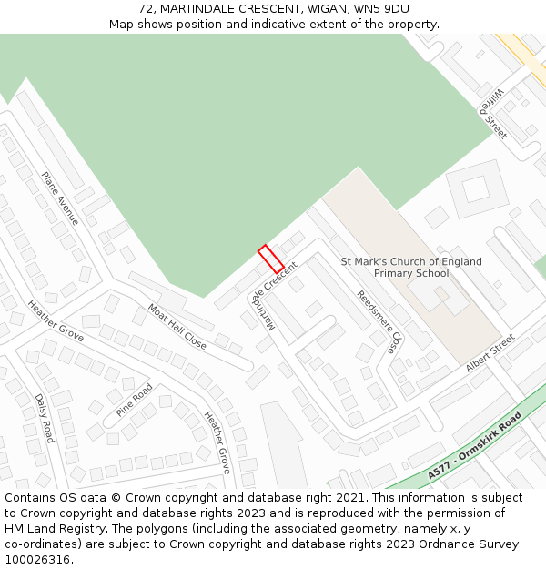 72, MARTINDALE CRESCENT, WIGAN, WN5 9DU: Location map and indicative extent of plot