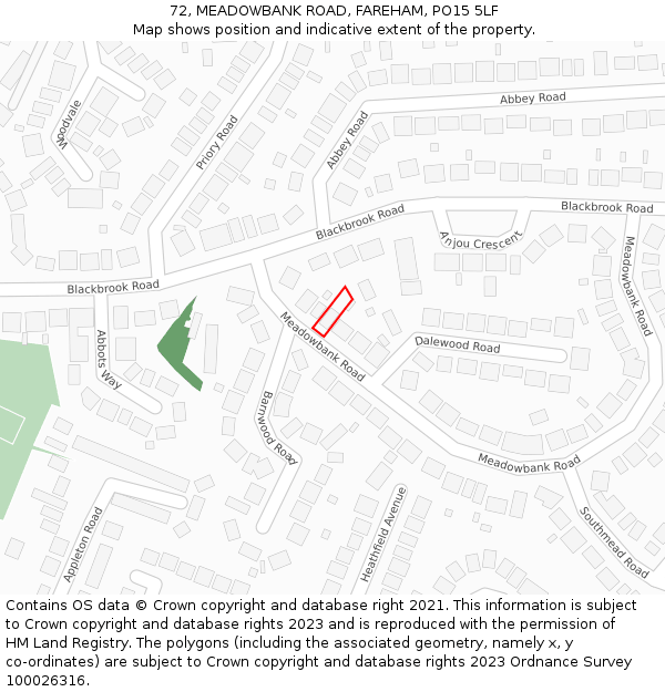 72, MEADOWBANK ROAD, FAREHAM, PO15 5LF: Location map and indicative extent of plot