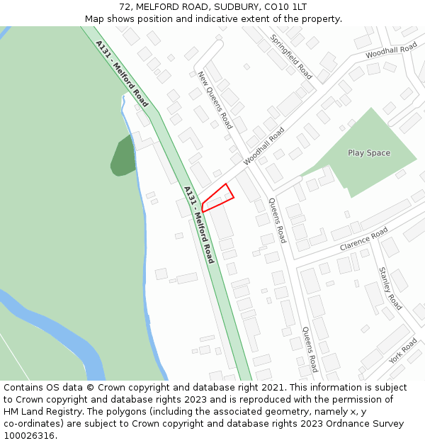 72, MELFORD ROAD, SUDBURY, CO10 1LT: Location map and indicative extent of plot