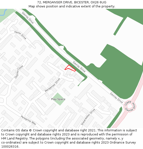 72, MERGANSER DRIVE, BICESTER, OX26 6UG: Location map and indicative extent of plot