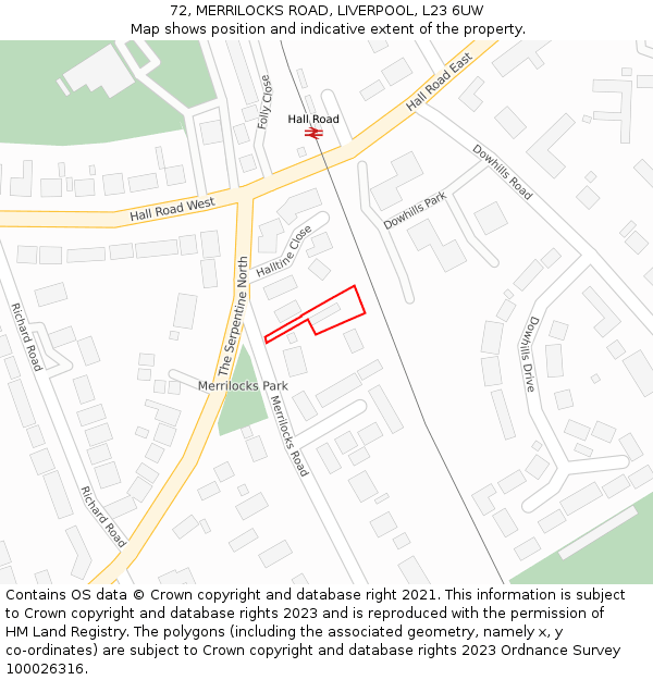 72, MERRILOCKS ROAD, LIVERPOOL, L23 6UW: Location map and indicative extent of plot