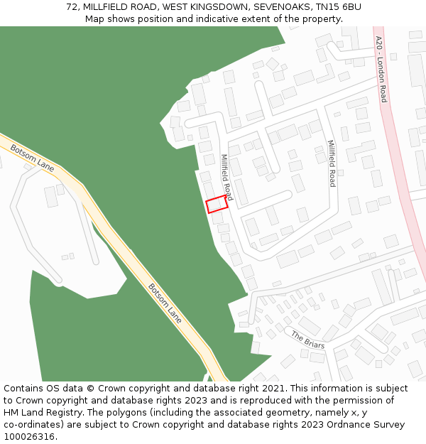 72, MILLFIELD ROAD, WEST KINGSDOWN, SEVENOAKS, TN15 6BU: Location map and indicative extent of plot