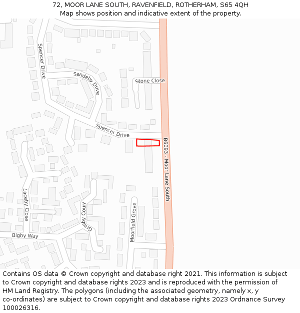 72, MOOR LANE SOUTH, RAVENFIELD, ROTHERHAM, S65 4QH: Location map and indicative extent of plot