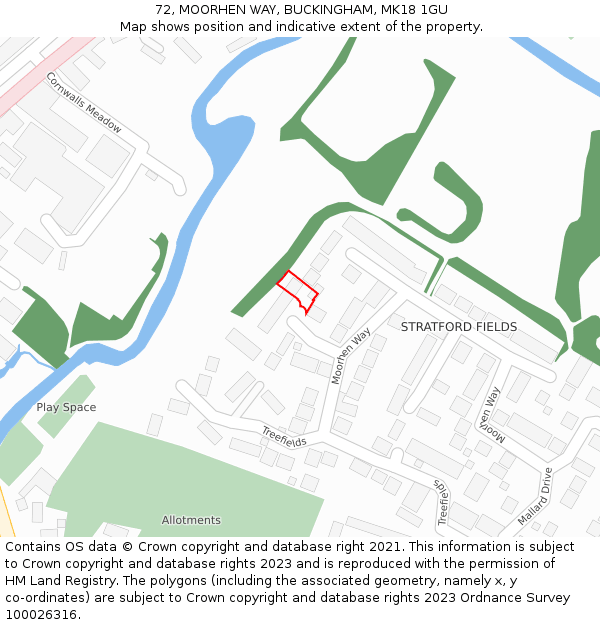 72, MOORHEN WAY, BUCKINGHAM, MK18 1GU: Location map and indicative extent of plot
