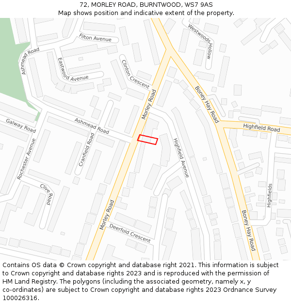 72, MORLEY ROAD, BURNTWOOD, WS7 9AS: Location map and indicative extent of plot