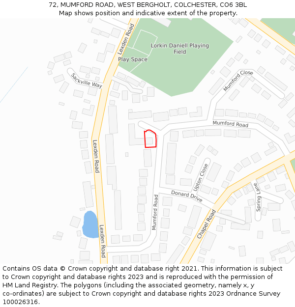 72, MUMFORD ROAD, WEST BERGHOLT, COLCHESTER, CO6 3BL: Location map and indicative extent of plot