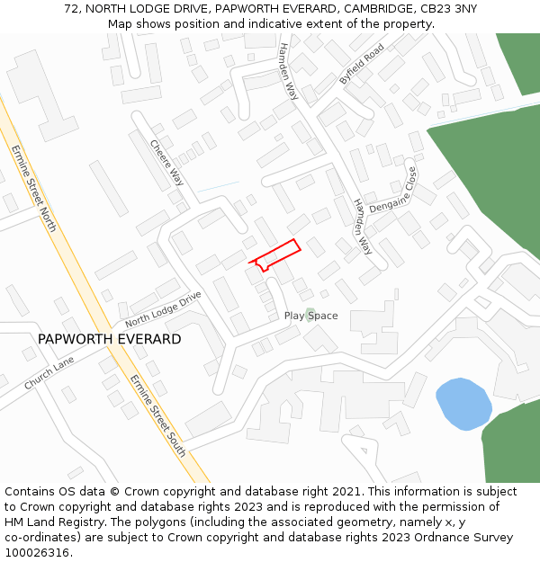 72, NORTH LODGE DRIVE, PAPWORTH EVERARD, CAMBRIDGE, CB23 3NY: Location map and indicative extent of plot