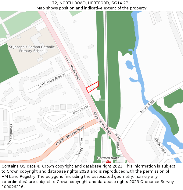 72, NORTH ROAD, HERTFORD, SG14 2BU: Location map and indicative extent of plot